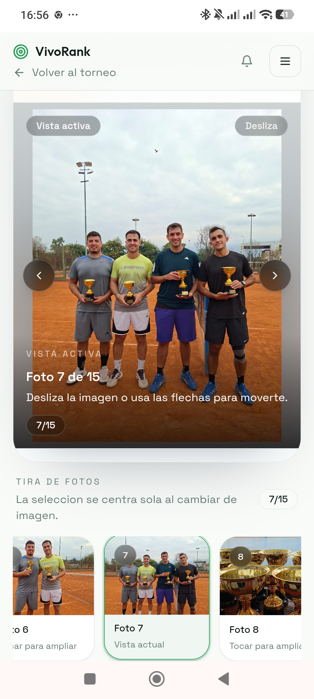 Galeria publica del torneo con foto de jugadores y tira de miniaturas para navegar.